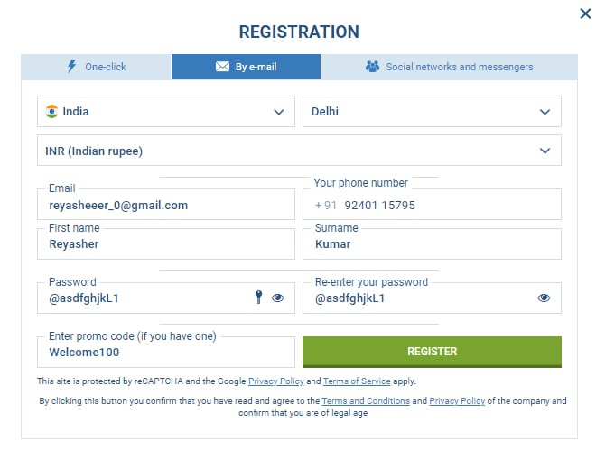 Register 1xbet email